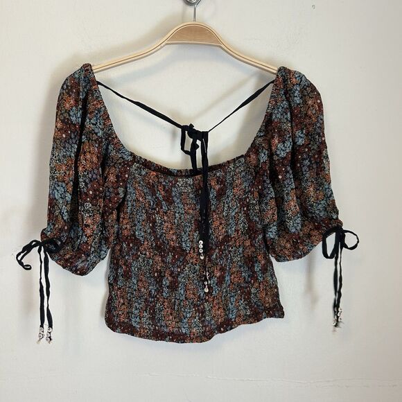 Free People Back On Puff Sleeve Smocked Crop Top Womens XS Ditsy‎ Floral NEW - Picture 3 of 5